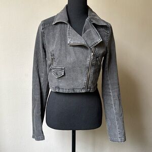 Free People Cropped Washed Black Denim Moto Jacket Zippers Grey